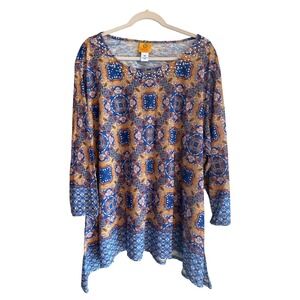 Ruby Rd Sequin Neckline Sublimation Print Tunic Blouse Stretch Plus 4X Womens